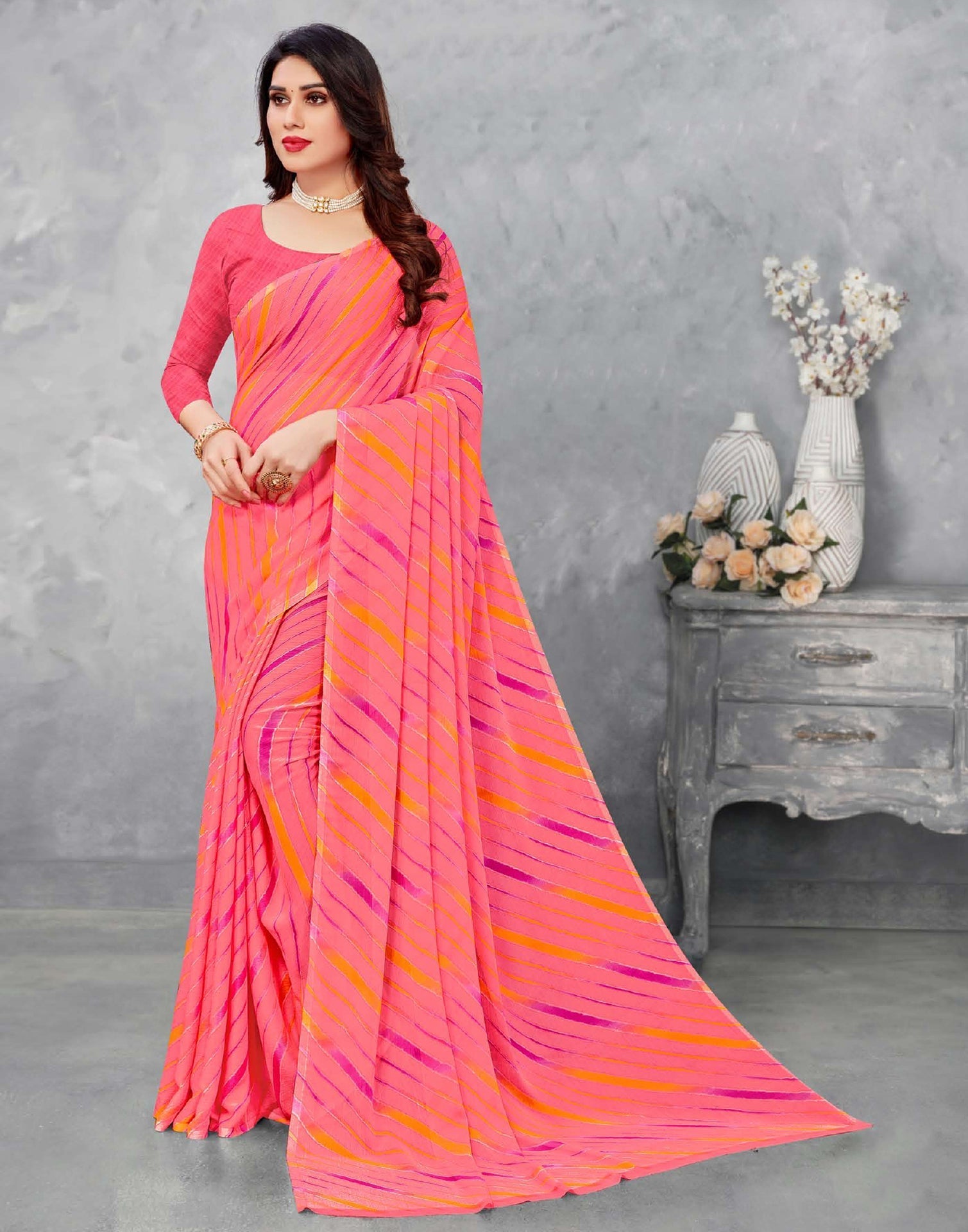 Watermelon Pink Chiffon Saree | Sudathi