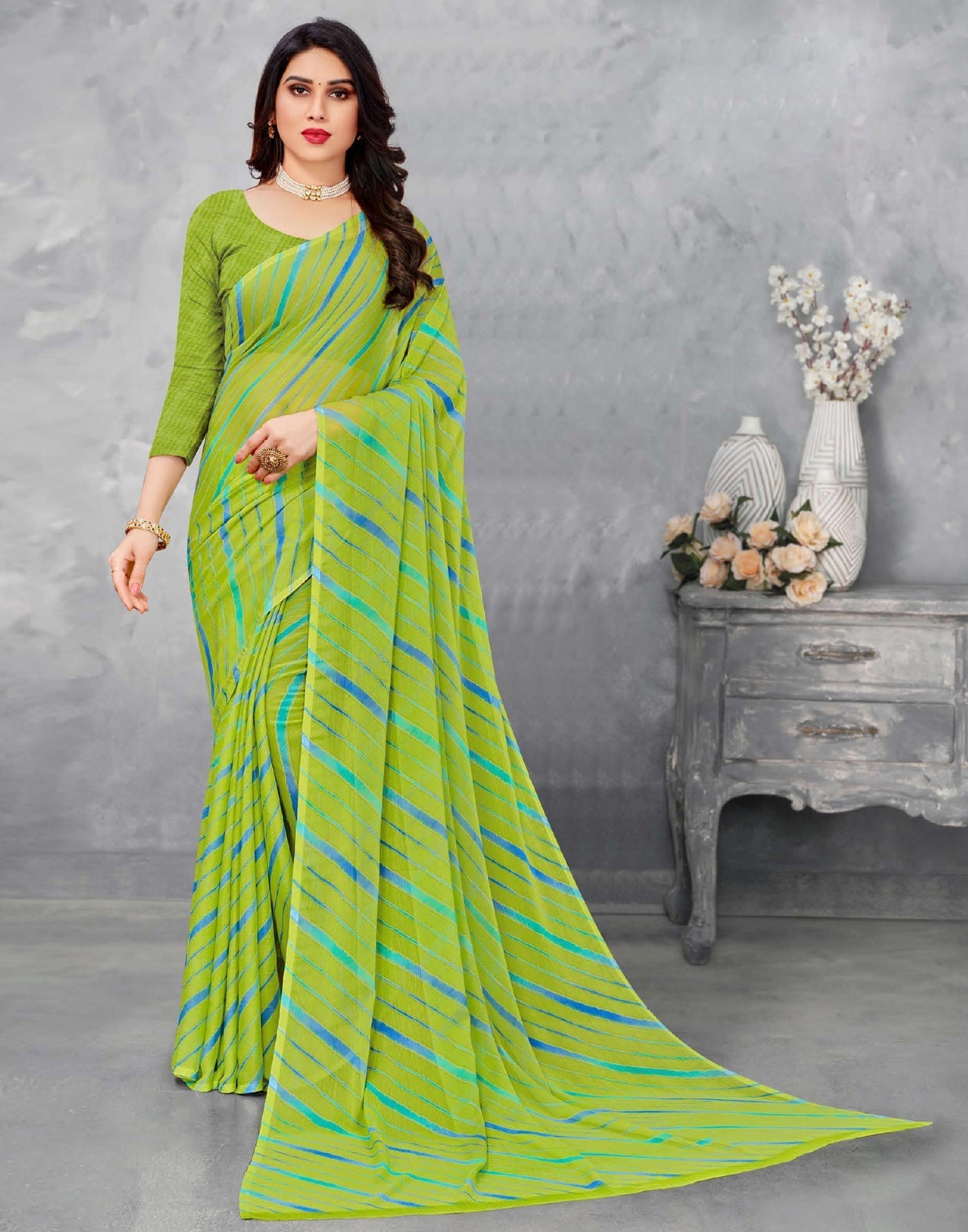 Lime Green Chiffon Saree | Leemboodi