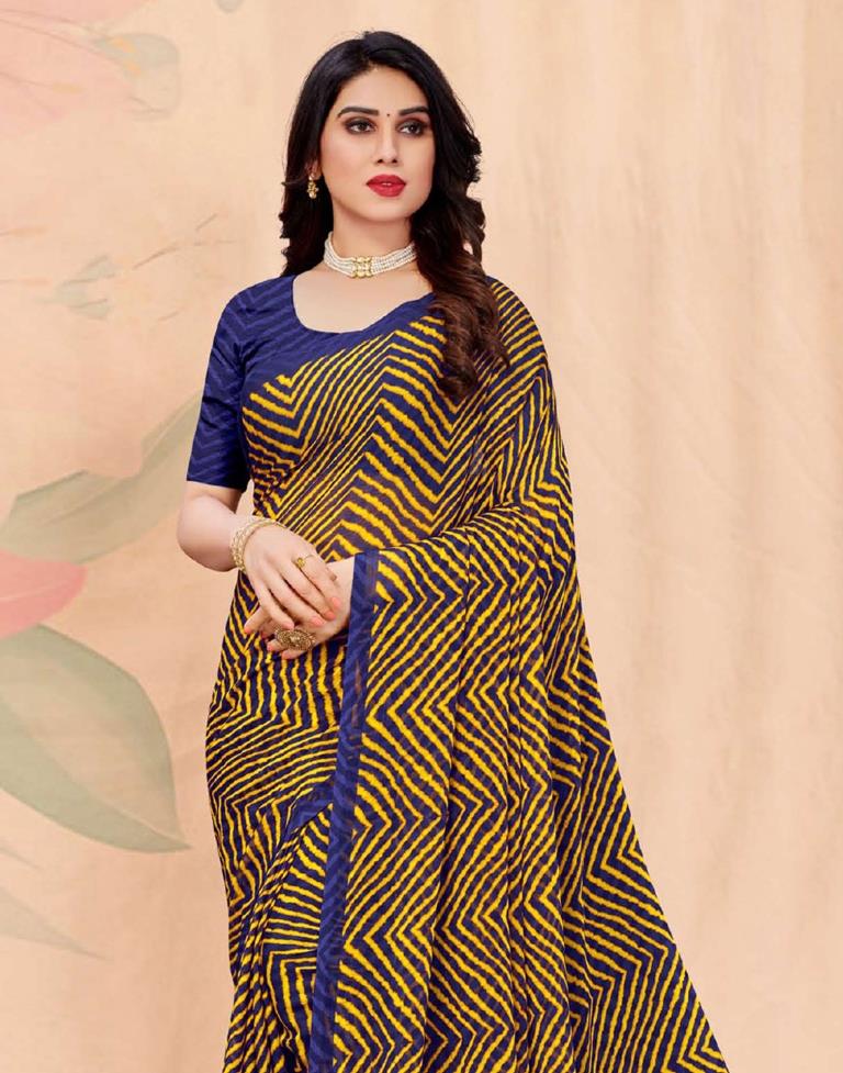 Yellow And Dark Blue Chiffon Saree | Leemboodi