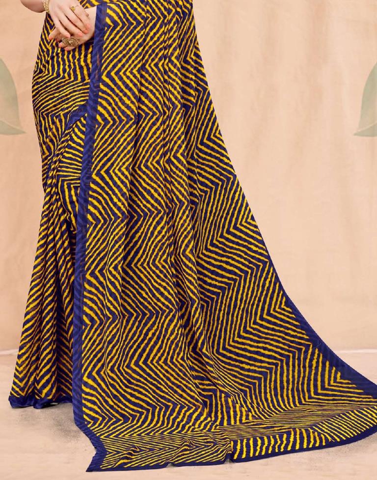 Yellow And Dark Blue Chiffon Saree | Leemboodi