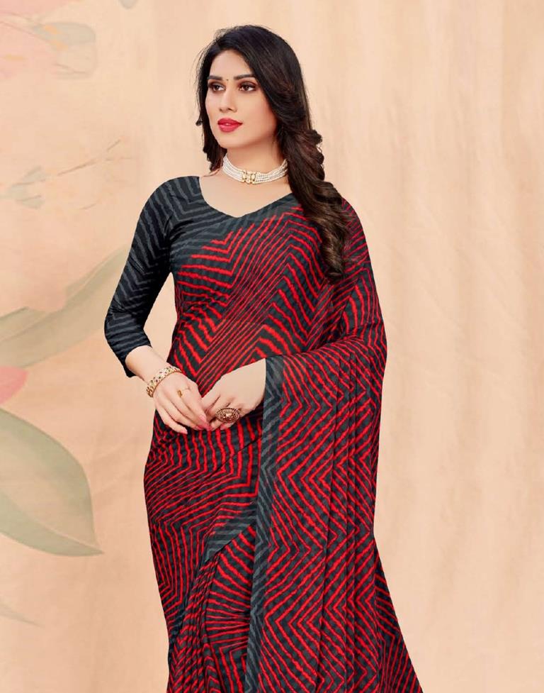Red And Dark Grey Chiffon Saree | Leemboodi