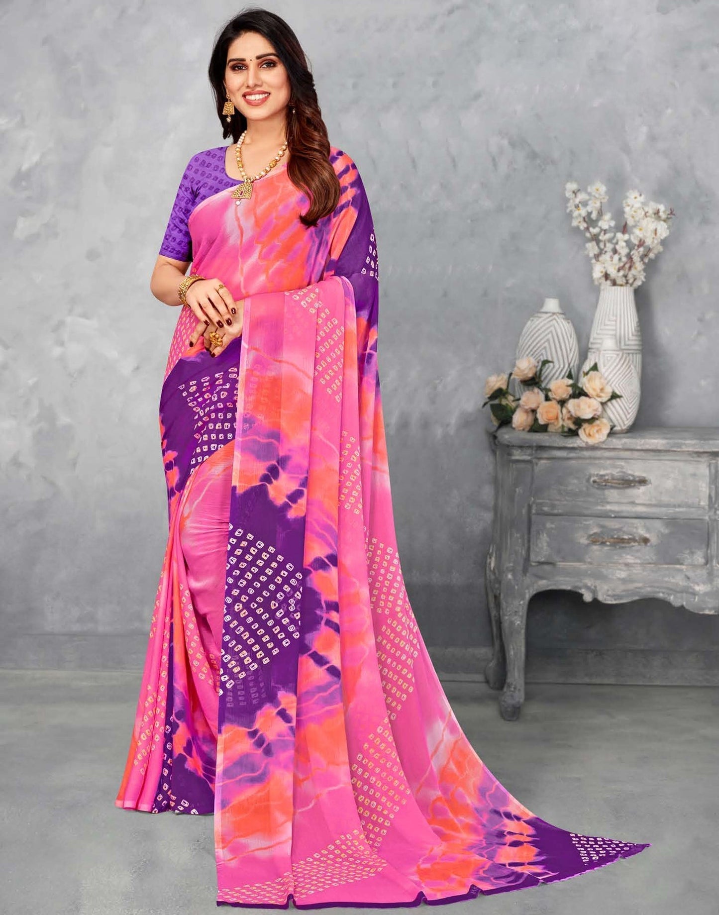 Pink And Purple Chiffon Saree | Leemboodi