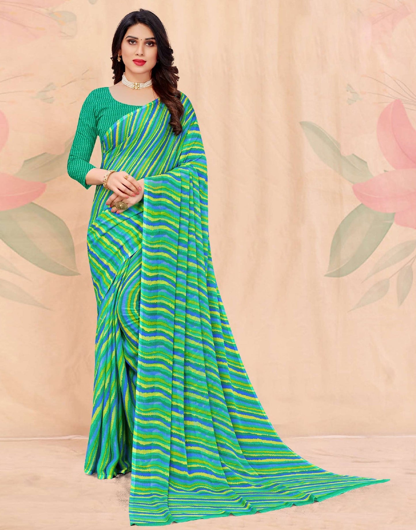 Acqua Green And Multicolored Chiffon Saree | Leemboodi