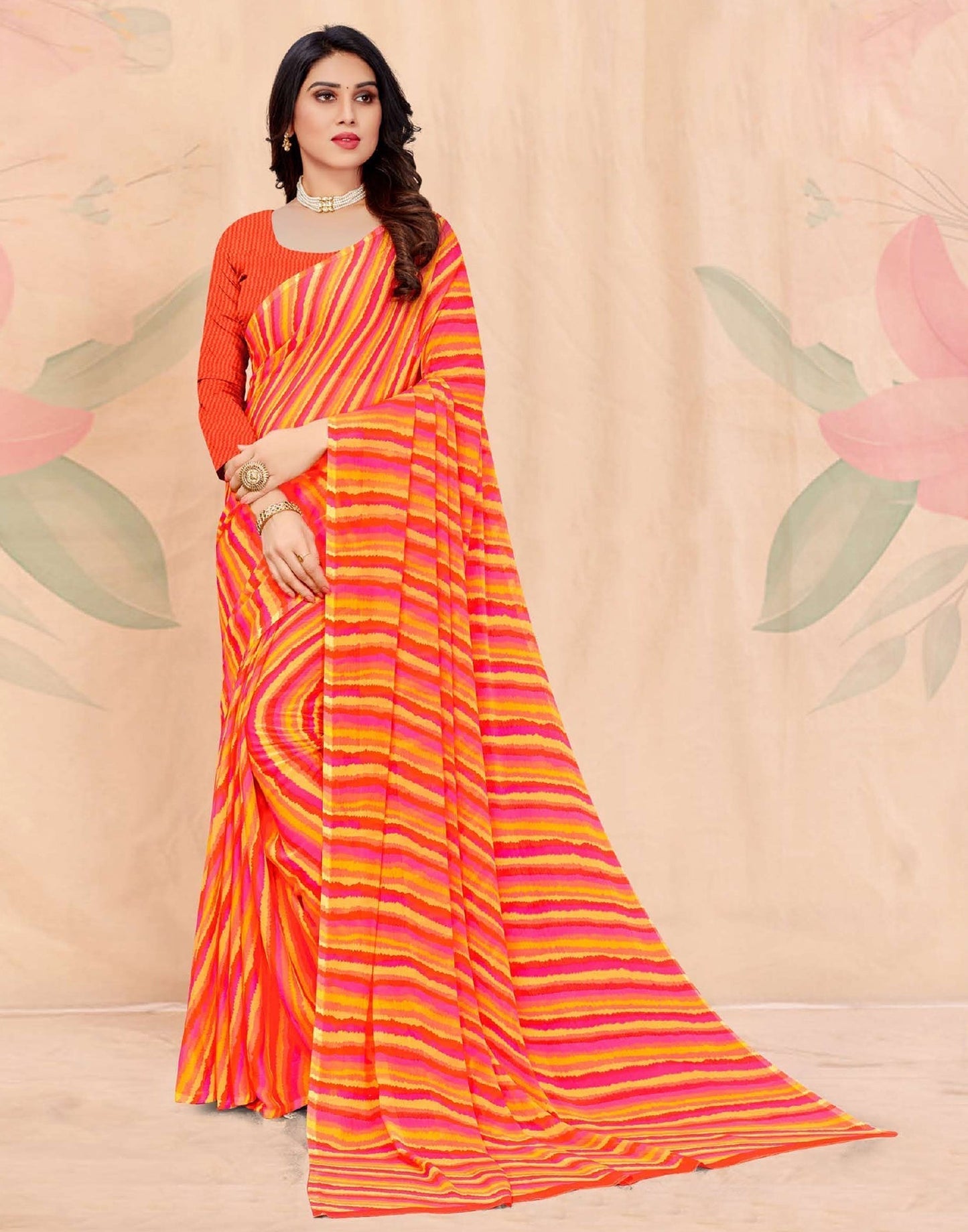 Orange And Multicolored Chiffon Saree | Leemboodi