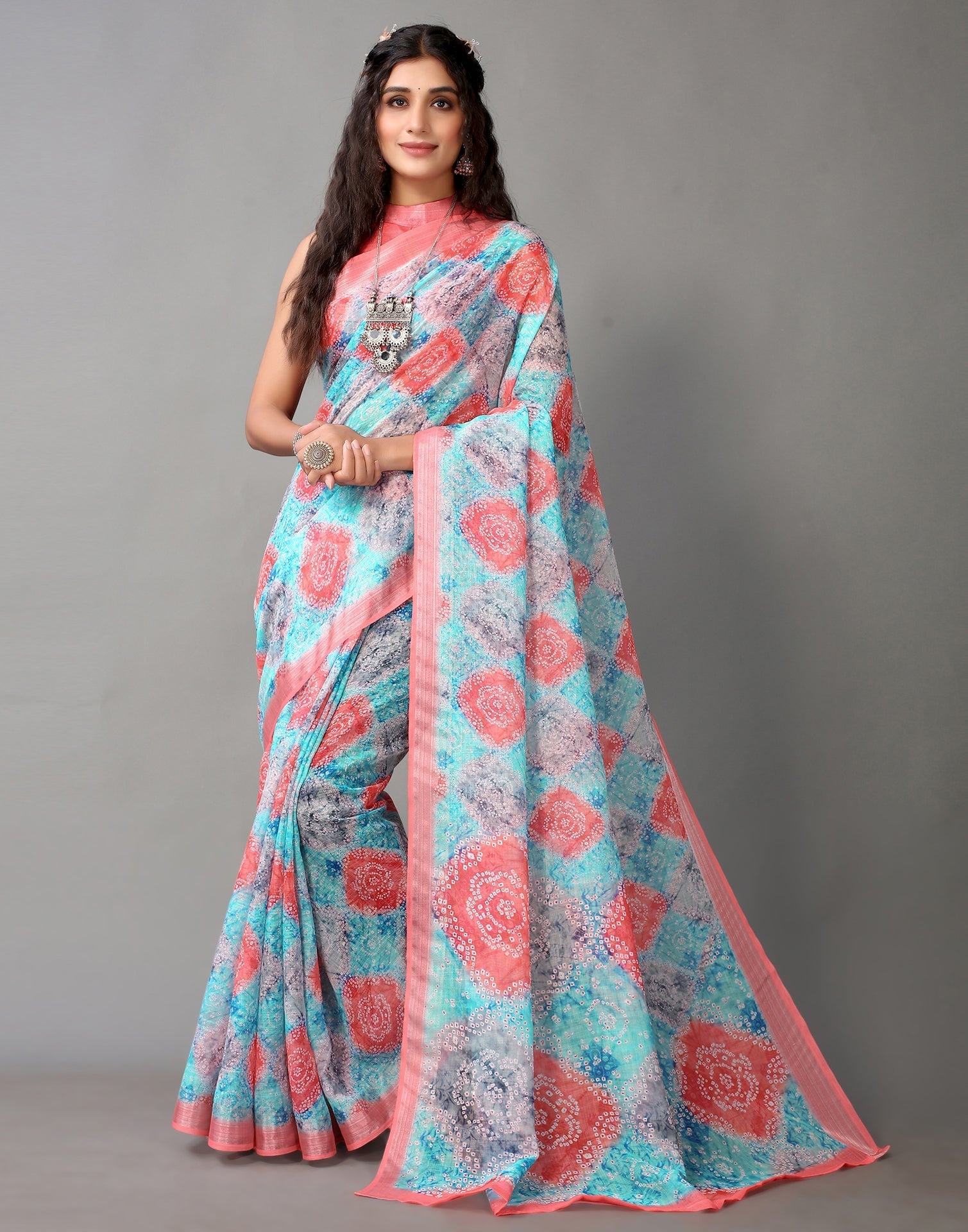 Light Blue And Multicolored Linen Saree | Leemboodi