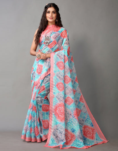 Light Blue And Multicolored Linen Saree | Leemboodi