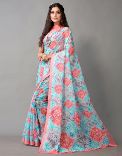Light Blue And Multicolored Linen Saree | Leemboodi