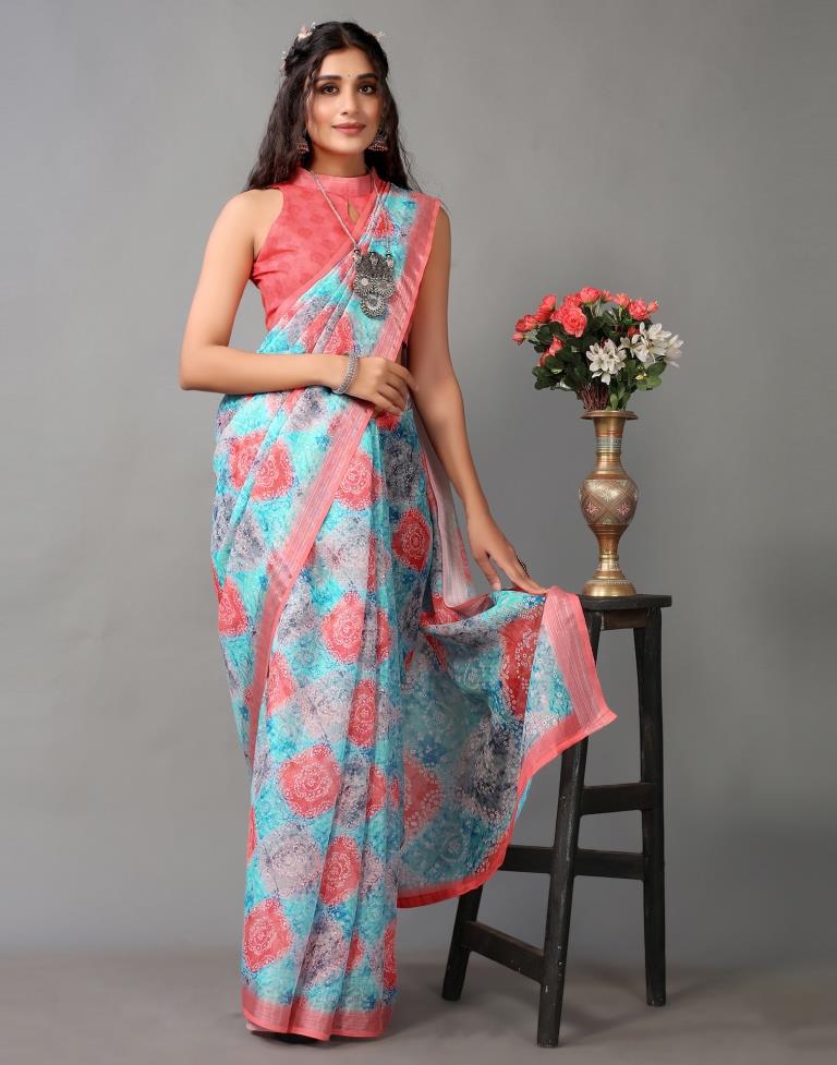 Light Blue And Multicolored Linen Saree | Leemboodi