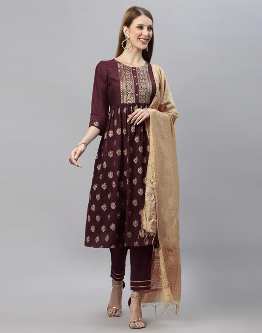 Brown Kurti With Pant And Dupatta | Leemboodi