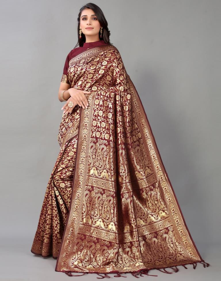 Maroon And Golden Silk Saree | Leemboodi