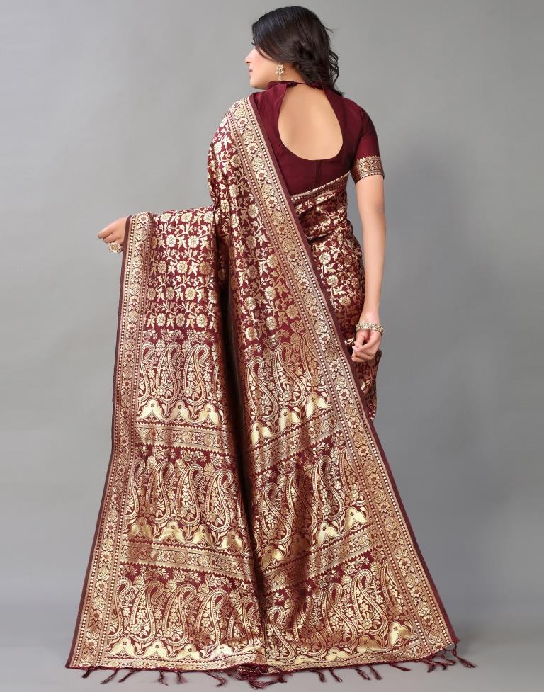 Maroon And Golden Silk Saree | Leemboodi