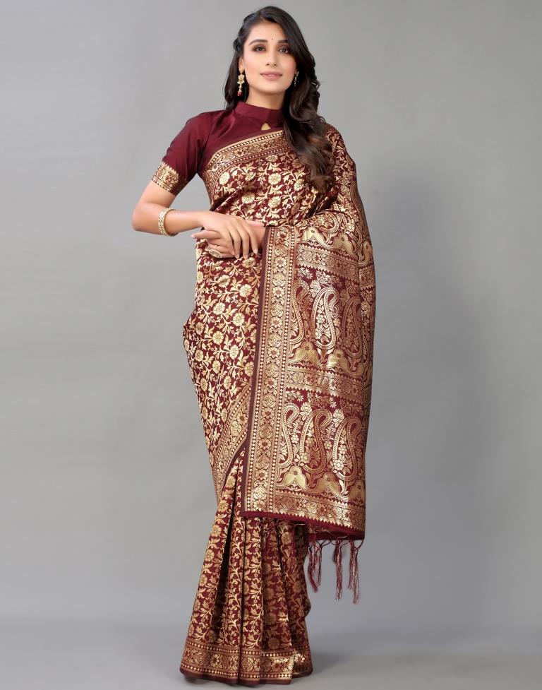 Maroon And Golden Silk Saree | Leemboodi