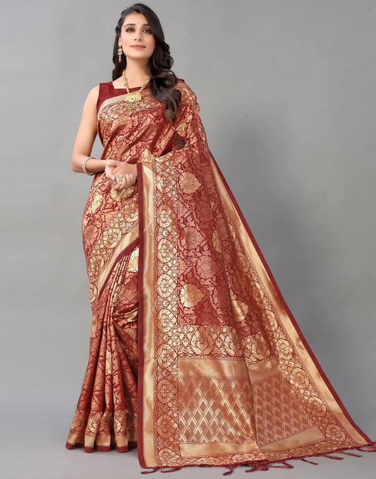 Maroon And Golden Silk Saree | Leemboodi