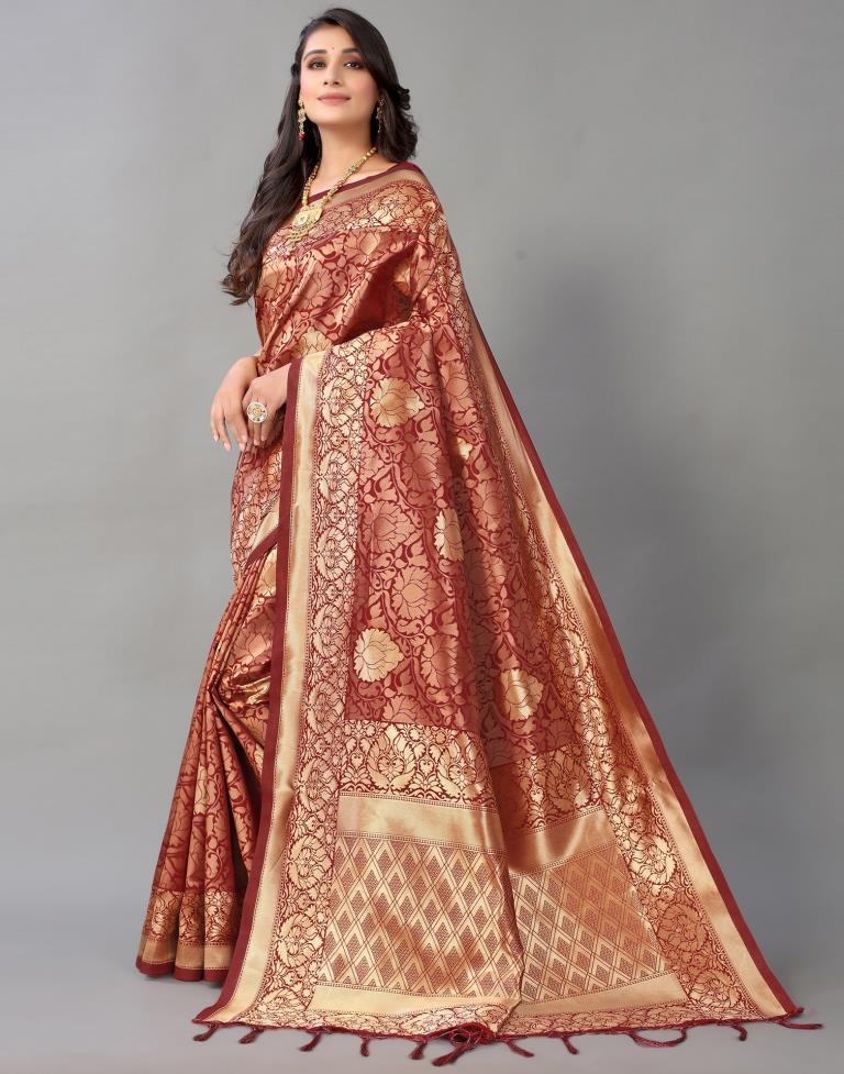Maroon And Golden Silk Saree | Leemboodi