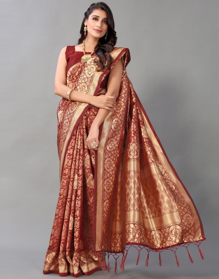 Maroon And Golden Silk Saree | Leemboodi