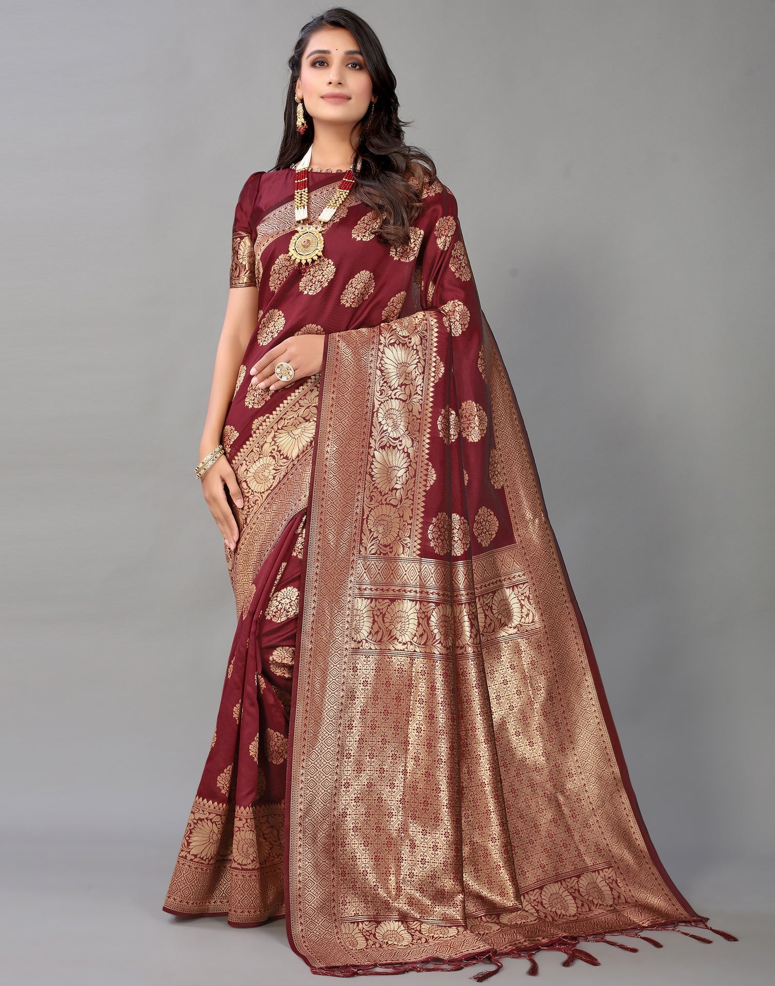 Maroon And Golden Silk Saree | Leemboodi