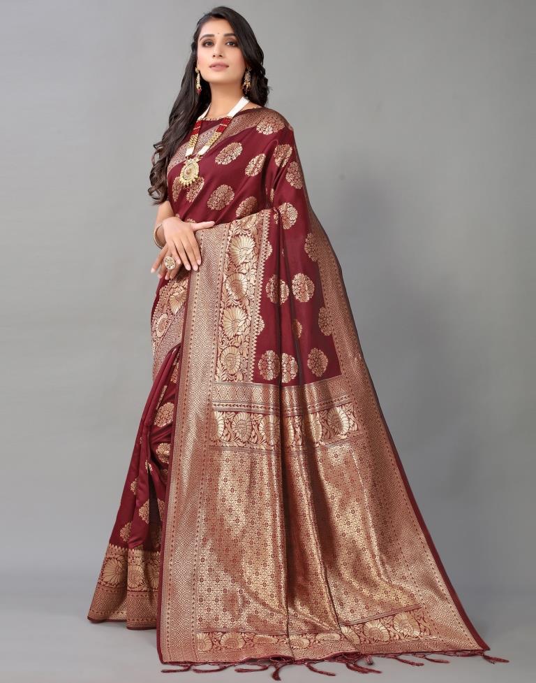 Maroon And Golden Silk Saree | Leemboodi