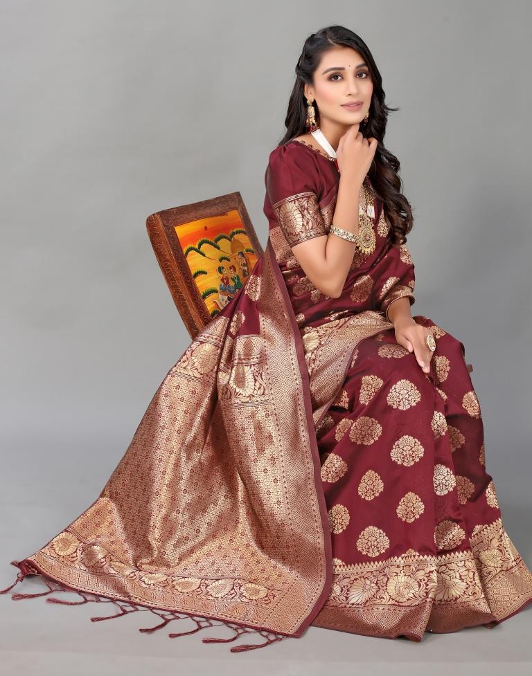 Maroon And Golden Silk Saree | Leemboodi