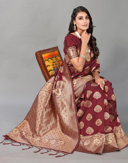 Maroon And Golden Silk Saree | Leemboodi