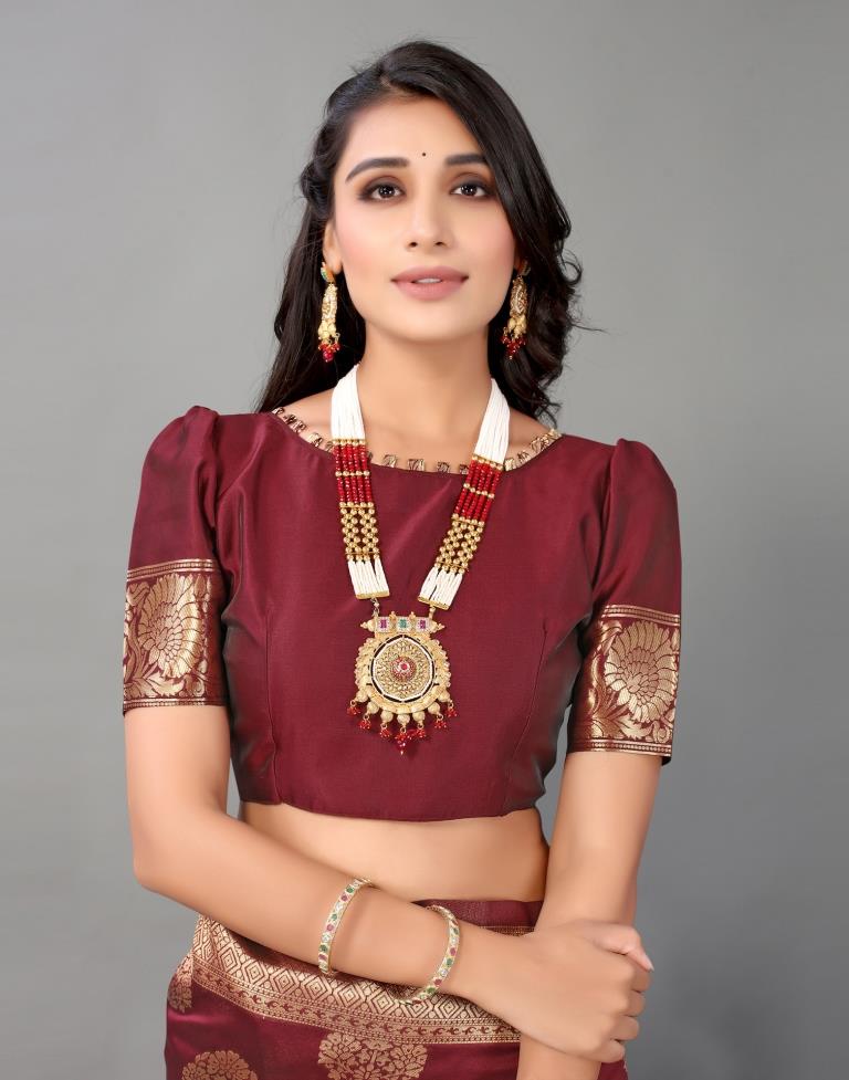Maroon And Golden Silk Saree | Leemboodi