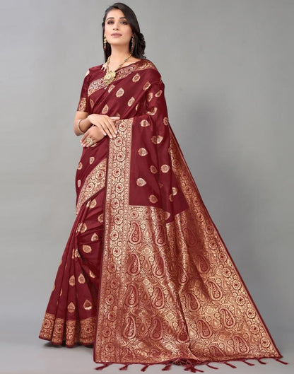 Maroon And Golden Silk Saree | Leemboodi
