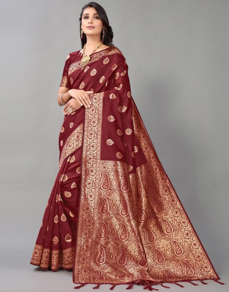 Maroon And Golden Silk Saree | Leemboodi