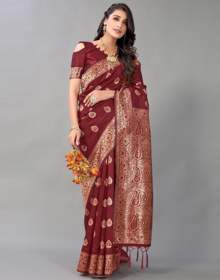 Maroon And Golden Silk Saree | Leemboodi