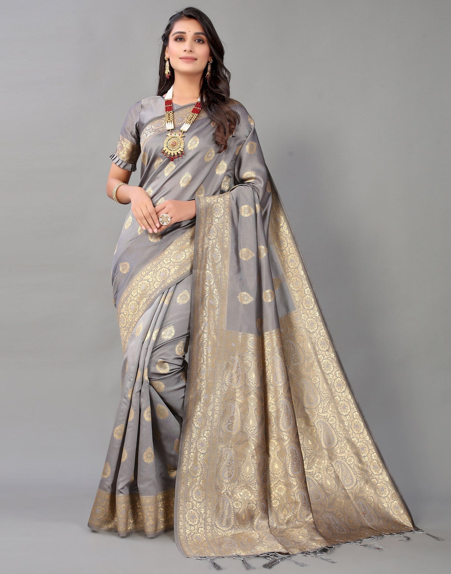 Grey And Golden Silk Saree | Sudathi