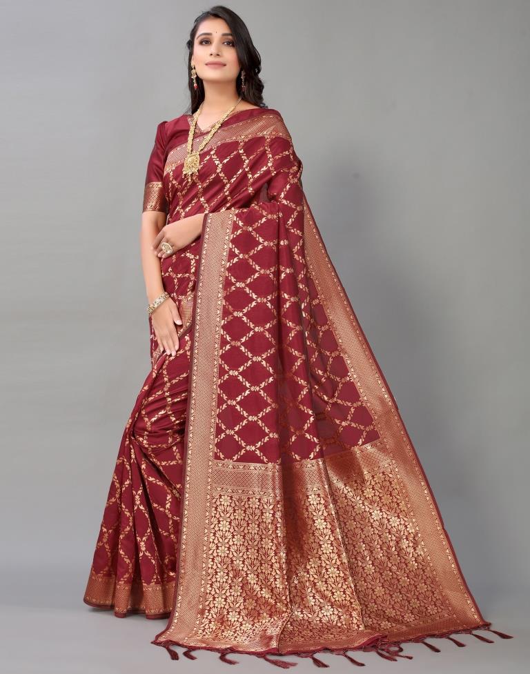 Maroon And Golden Silk Saree | Leemboodi