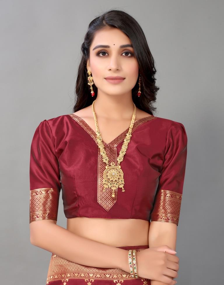 Maroon And Golden Silk Saree | Leemboodi