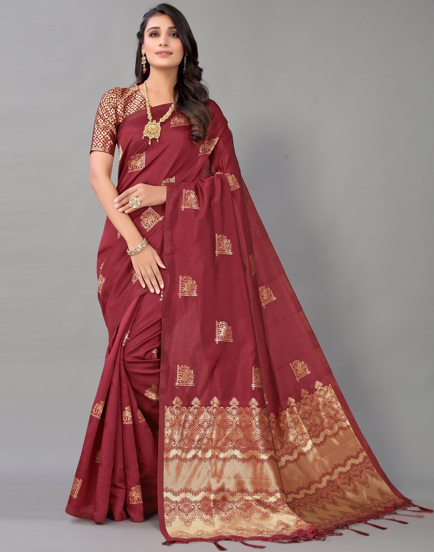 Maroon And Golden Silk Saree | Leemboodi