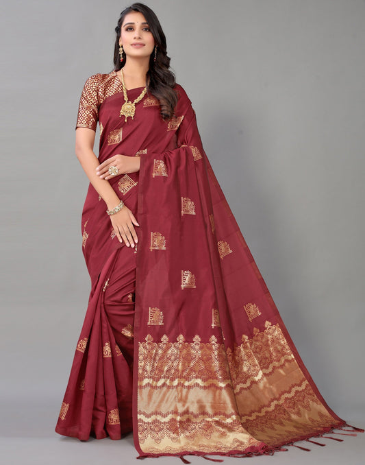Maroon And Golden Silk Saree | Leemboodi