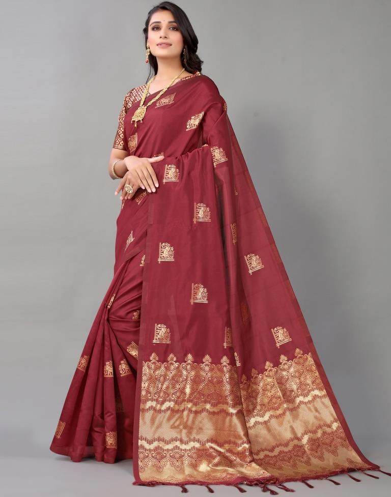 Maroon And Golden Silk Saree | Leemboodi