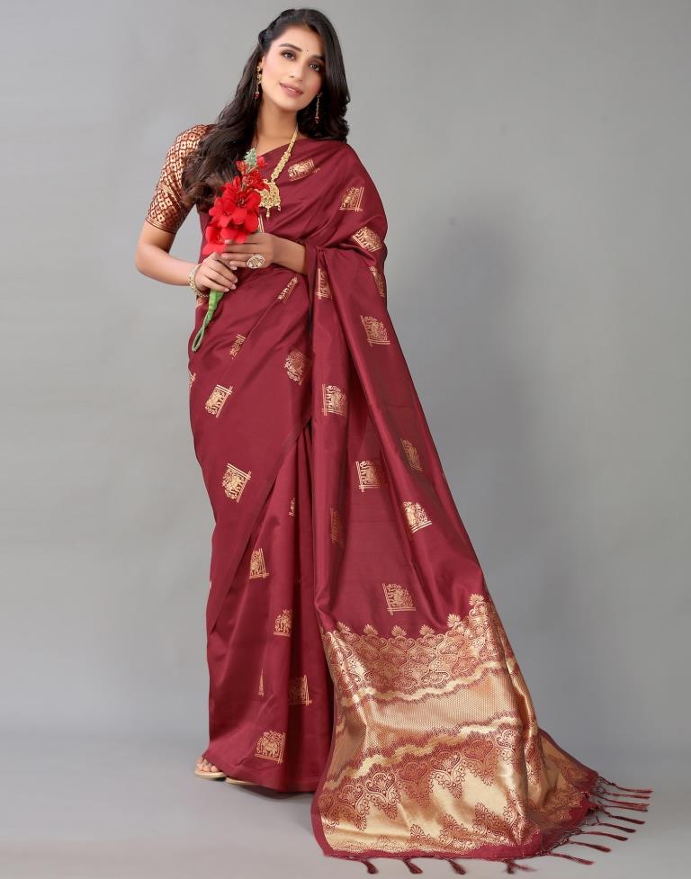 Maroon And Golden Silk Saree | Leemboodi