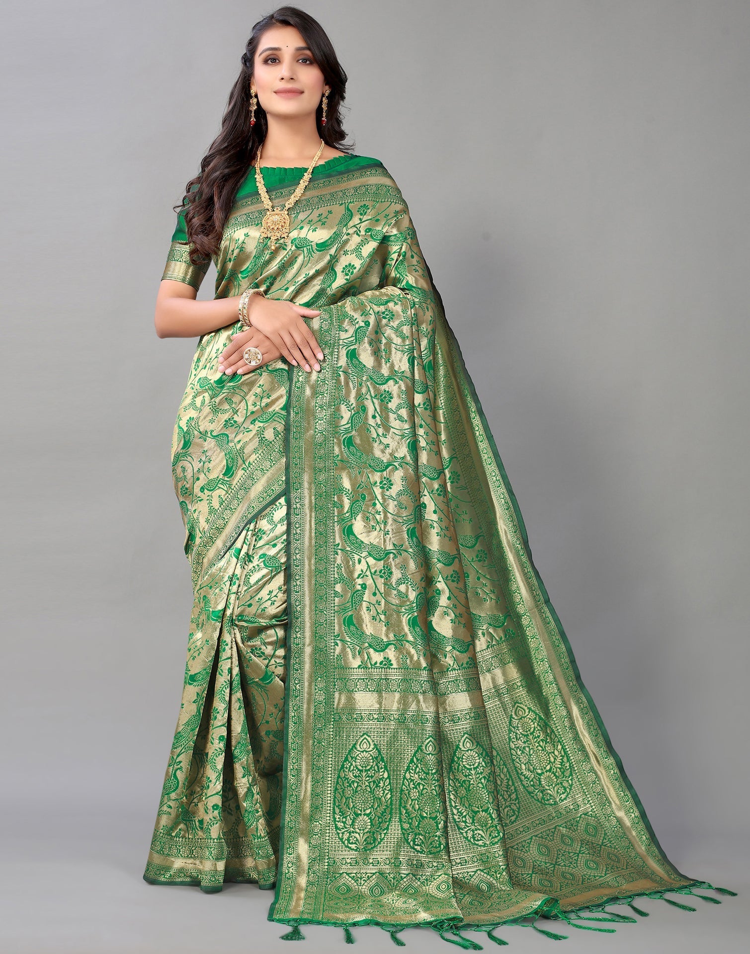 Green And Golden Silk Saree | Leemboodi