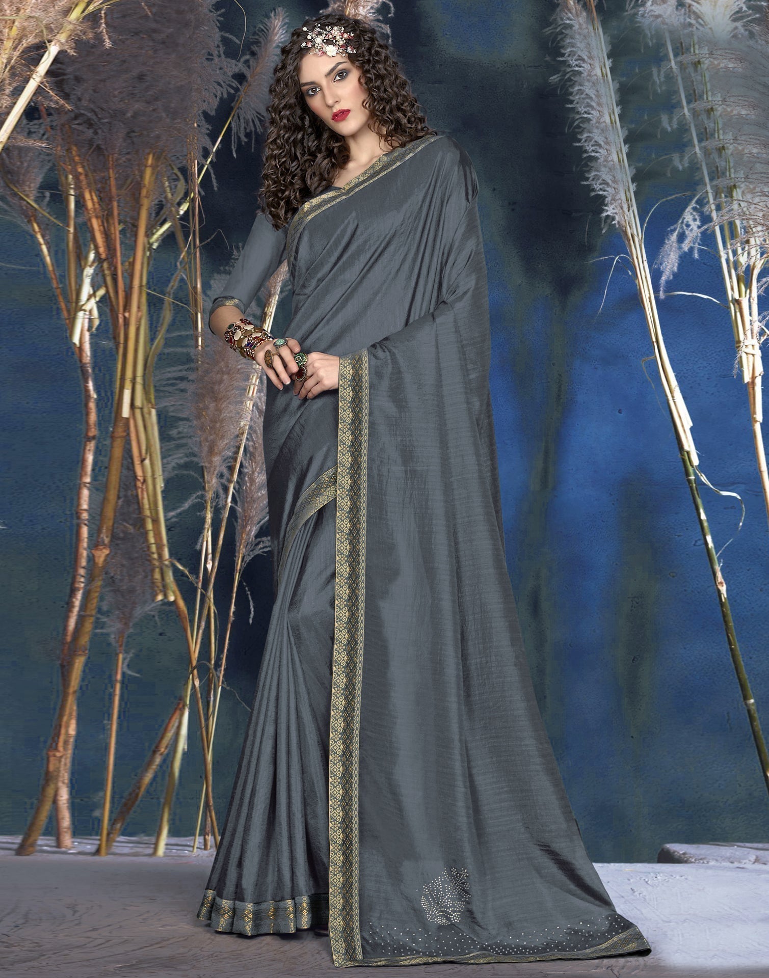 Steel Grey Silk Saree | Leemboodi