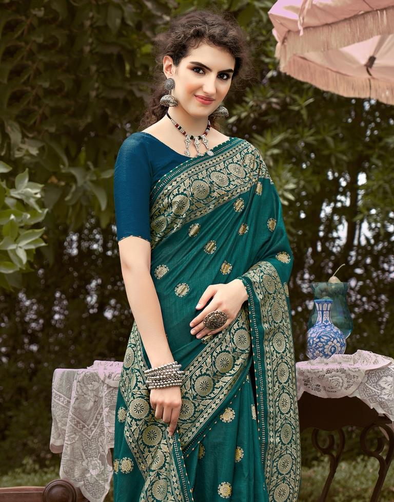 Dark Green Printed Silk Saree