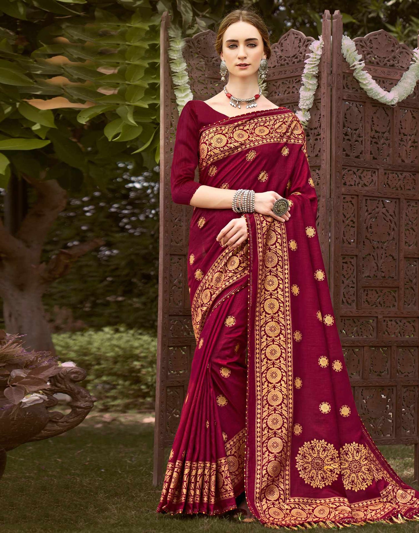 Maroon Printed Silk Saree