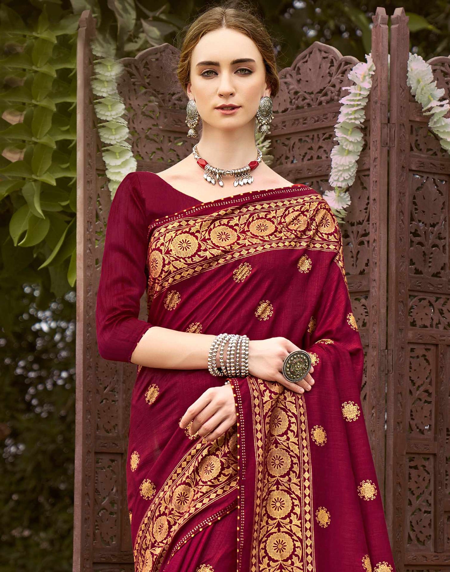 Maroon Printed Silk Saree