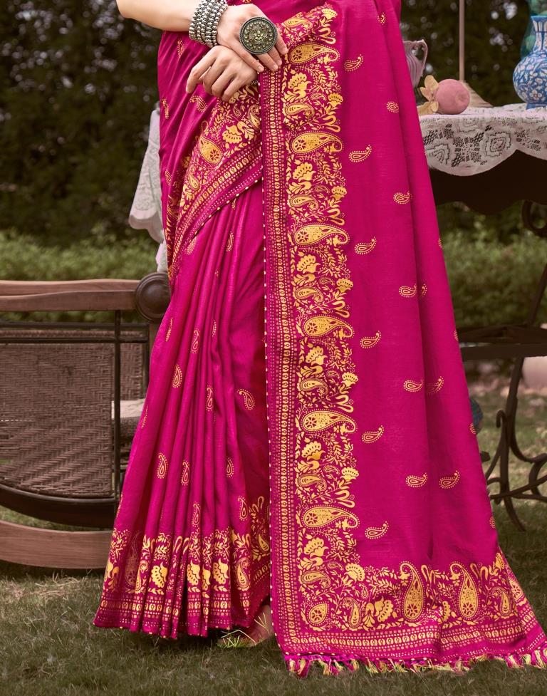 Hot Pink Printed Silk Saree