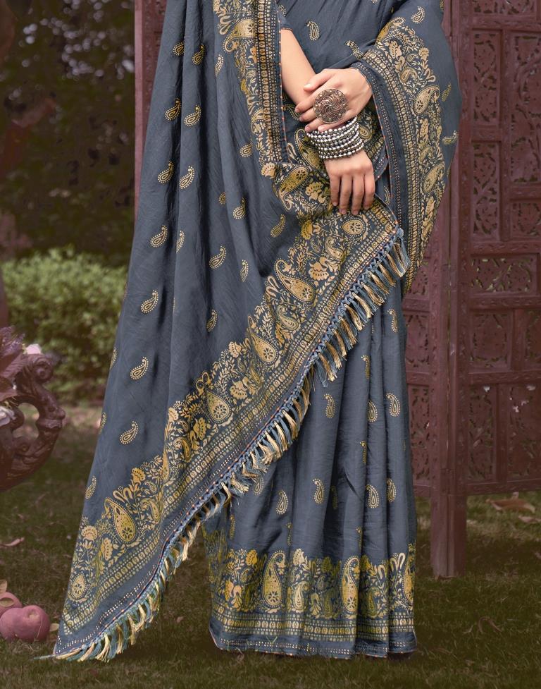 Grey Printed Silk Saree