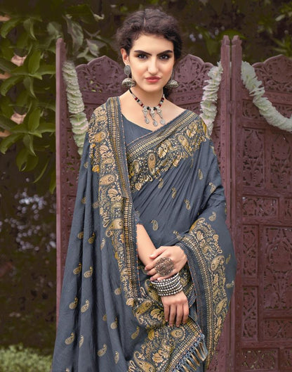 Grey Printed Silk Saree