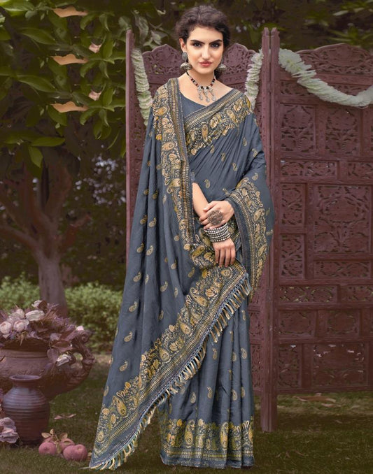 Grey Printed Silk Saree