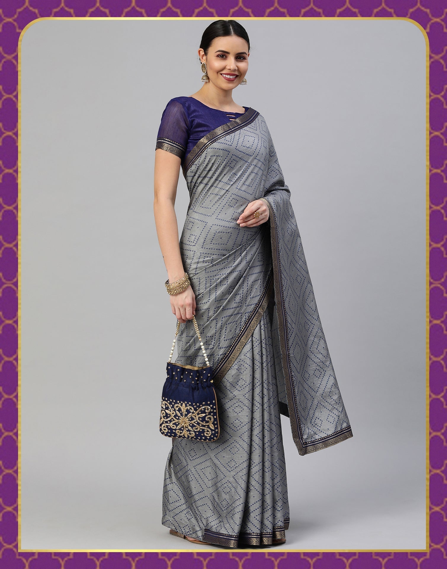 Grey Bandhani Silk Saree | Sudathi