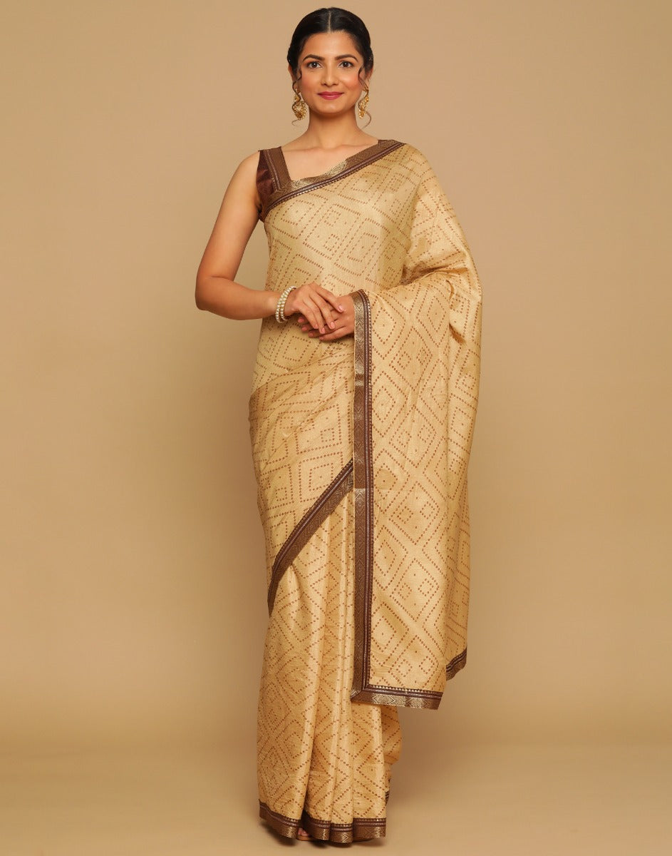 Beige Bandhani Silk Saree | Sudathi