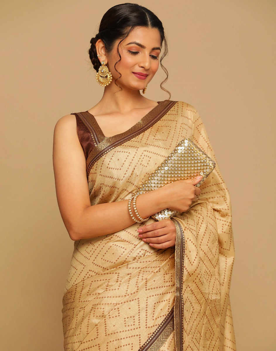 Beige Bandhani Silk Saree | Sudathi