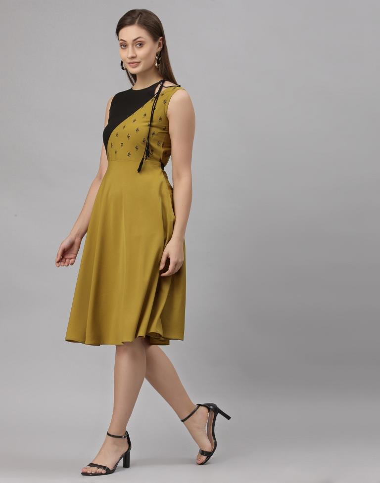 Mustared Coloured Crepe Printed Dress | Sudathi