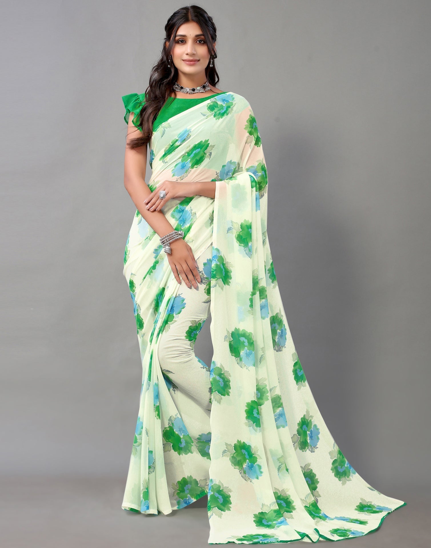 Light Green And Multicolored Georgette Saree | Leemboodi