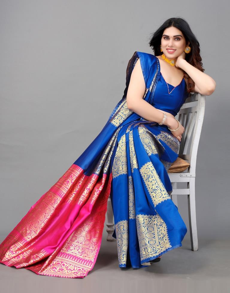 Blue And Golden Banarasi Silk Saree | Leemboodi