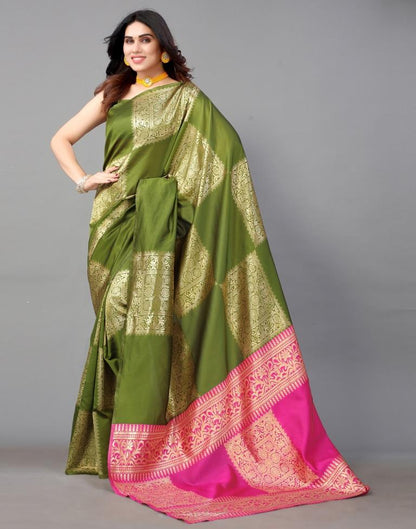 Olive Green And Golden Banarasi Silk Saree | Sudathi